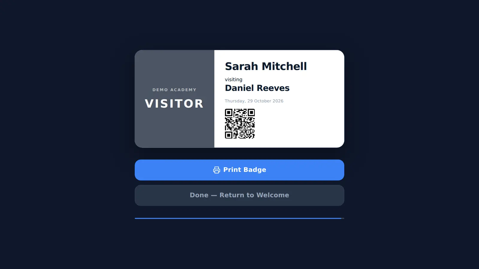 Badge preview for Sarah Mitchell, visiting Daniel Reeves, with a QR code and a Print Badge button