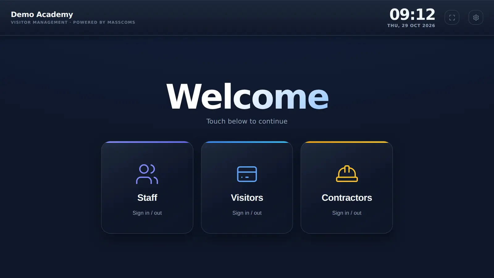 MassVisit kiosk welcome screen with Staff, Visitors and Contractors buttons